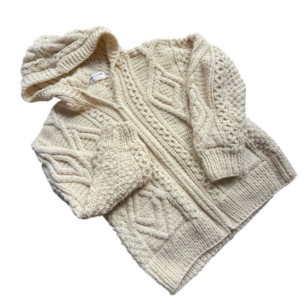 HandKnit Fisherman Cable Knit Wool Hoodied Zip Cardigan Sweater White M / OS